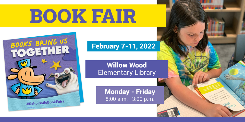 a graphic image advertising the Willow Wood elementary book fair