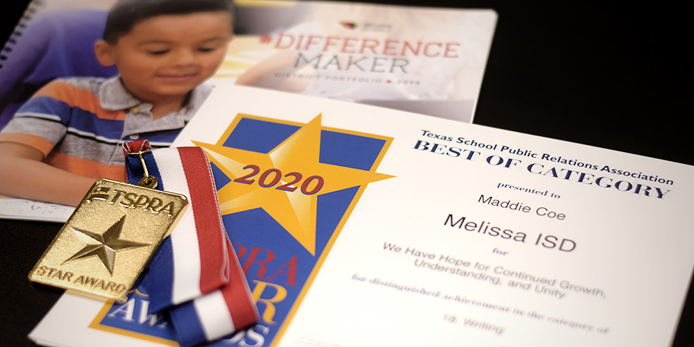 Melissa ISD TSPRA Star Award certificate, medal, and Difference Maker portfolio book