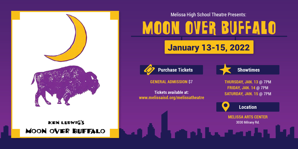 a graphic advertising the Melissa High School Theatre's performance of "Moon Over Buffalo"