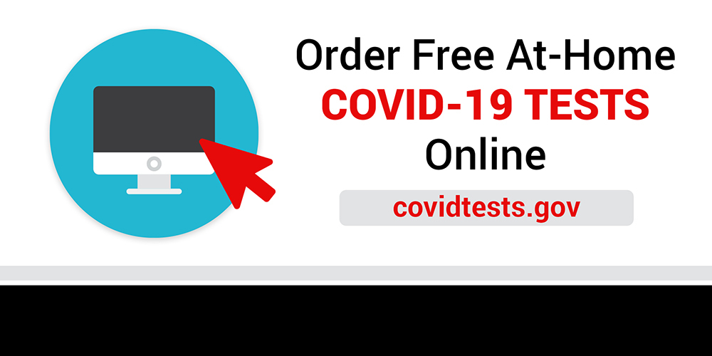 a decorative graphic advertising free at-home COVID-19 tests available to order online