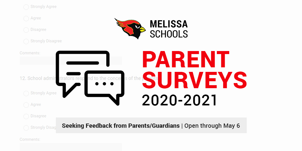 a graphic advertising Melissa ISD parent surveys for the 2020-2021 school year