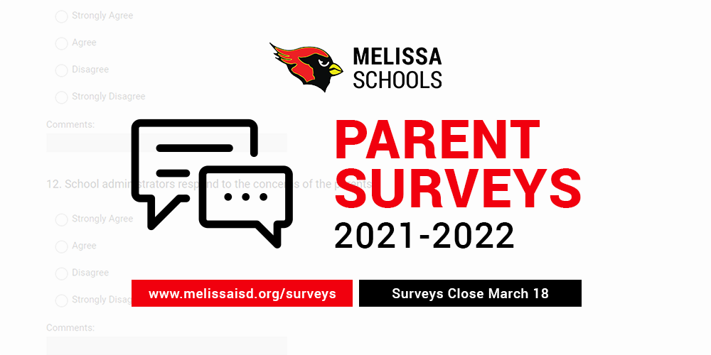 a graphic advertising Melissa ISD parent surveys for the 2021-2022 school year