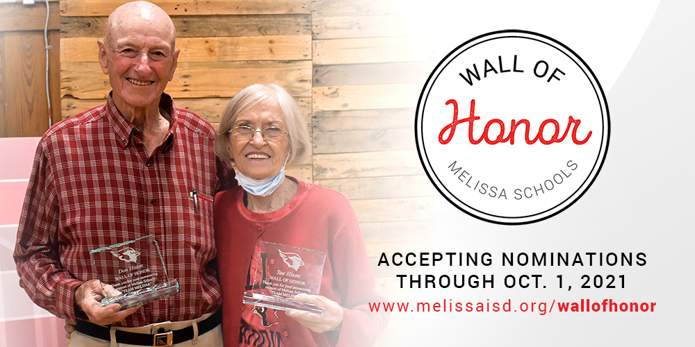 a graphic advertising the Melissa Schools Wall of Honor featuring 2020 inductees Don and Sue Hixon