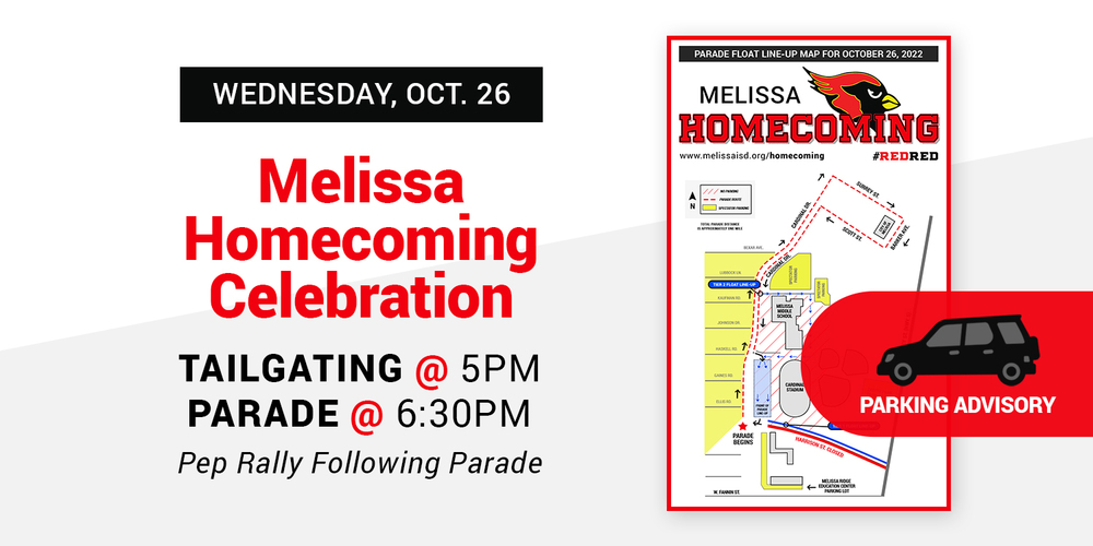 a banner with dates, times, and a map for the Melissa Homecoming Celebration on Oct. 26, 2022