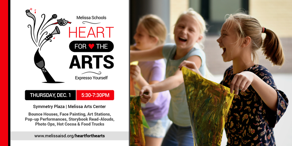 a decorative graphic advertising the Melissa ISD Heart for the Arts festival on Dec. 1, 2022