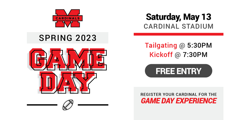 a decorative banner advertising the Melissa Cardinals' Spring Game Day on May 13