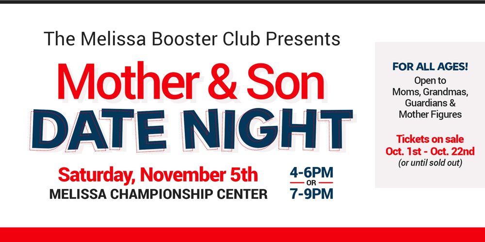 a graphic advertising the Melissa Booster Club's "Mother & Son Date Night" event on Nov. 5, 2022