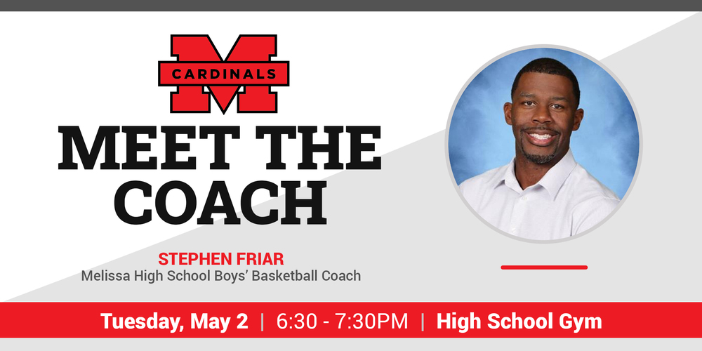 a banner graphic with information about the "meet and greet" event with Coach Stephen Friar on May 2