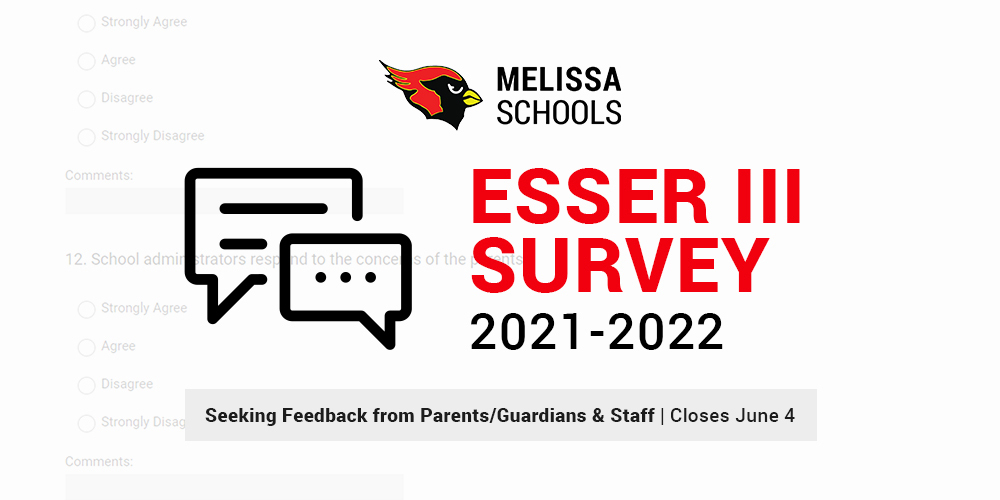 a graphic advertising the Melissa ISD ESSER II feedback survey