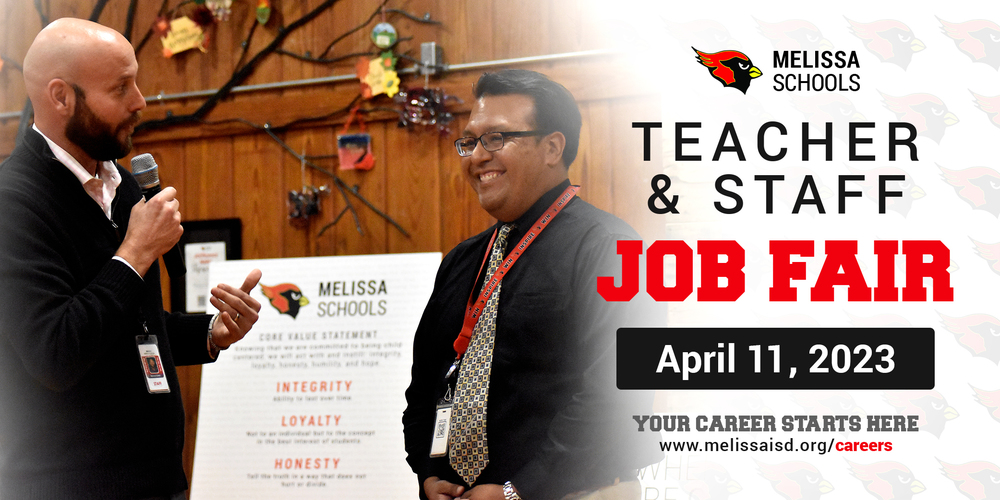a banner graphic advertising the Melissa ISD Teacher & Staff Job Fair on April 11, 2023