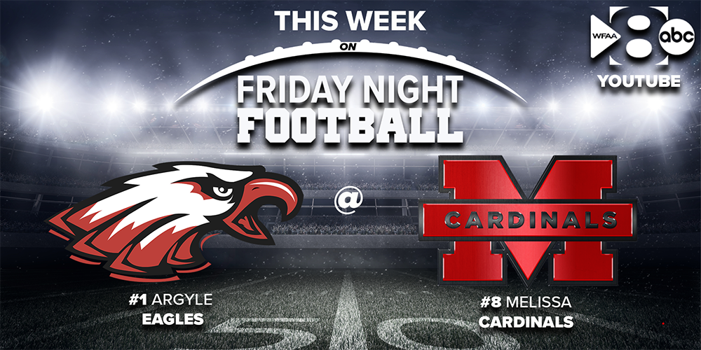 a graphic from WFAA Channel 8 advertising the Melissa vs. Argyle football game on Oct. 1