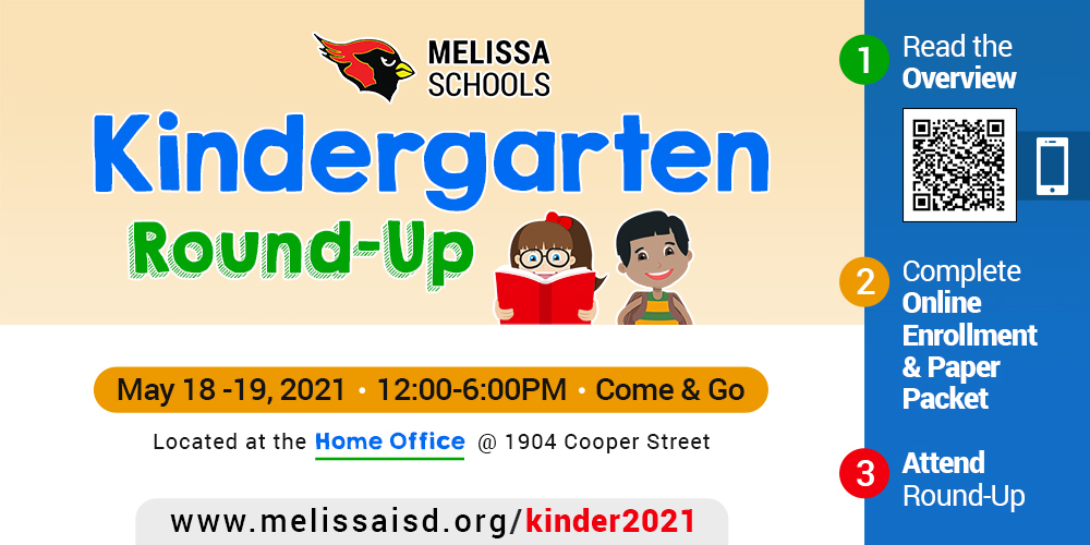 a banner graphic advertising Kindergarten Round-Up for the 2021-2022 school year