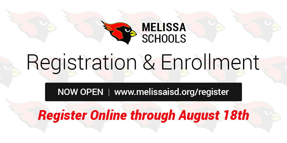 a graphic advertising Melissa ISD registration for 2021-2022