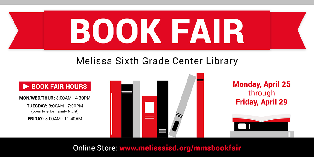 a graphic image advertising the Sixth Grade Center Book Fair April 25-29