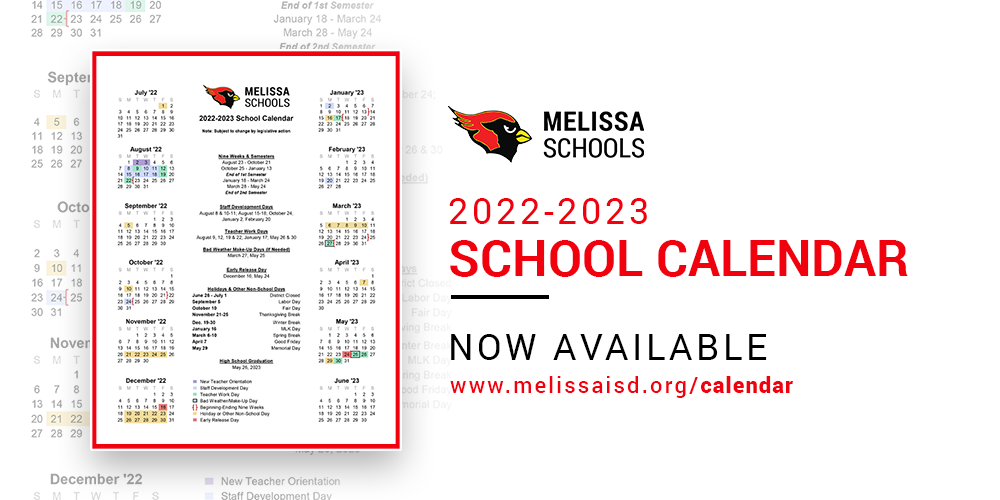 a decorative graphic advertising the 2022-2023 school calendar for Melissa ISD