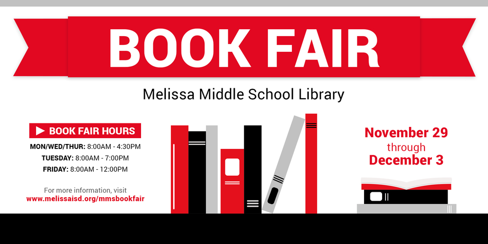 a graphic  image advertising the Book Fair at Melissa Middle School Nov. 29 through Dec. 3.