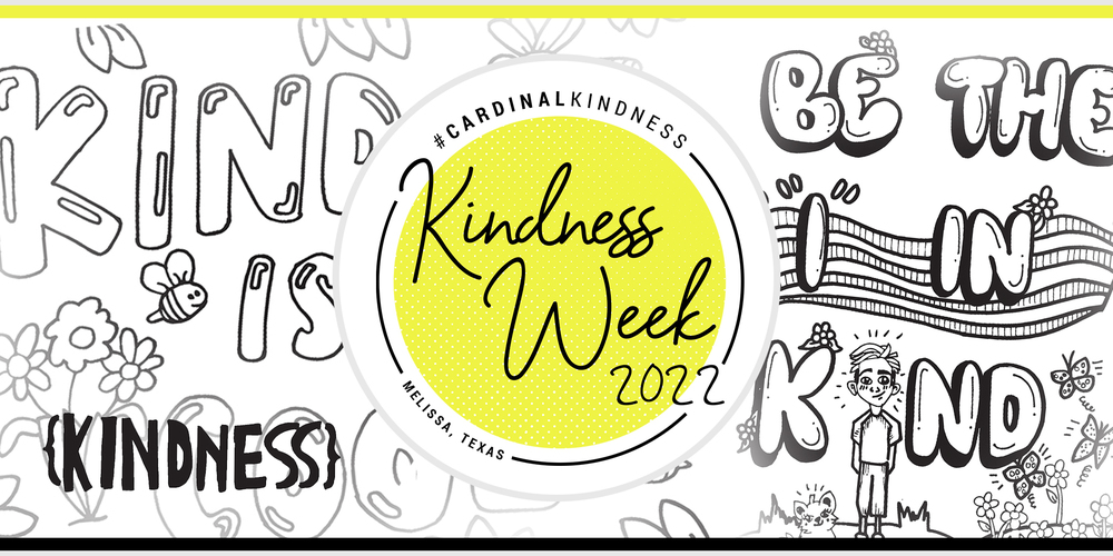 Kindness Week logo with student-designed coloring sheet artwork in the background