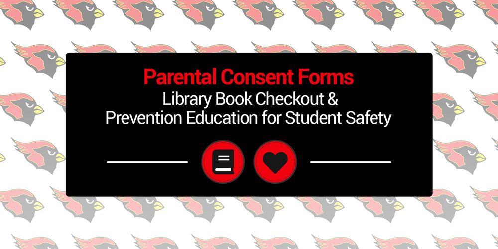 a decorative banner advertising the Melissa ISD parental consent forms for library book checkout and prevention education for student safety