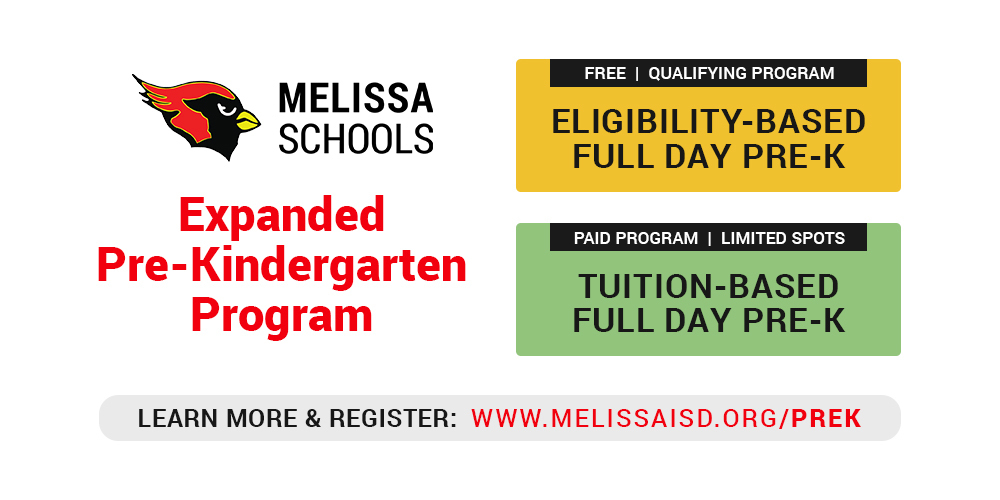 a graphic with information about the expanded Melissa ISD Pre-K program for the 2021-2022 school year