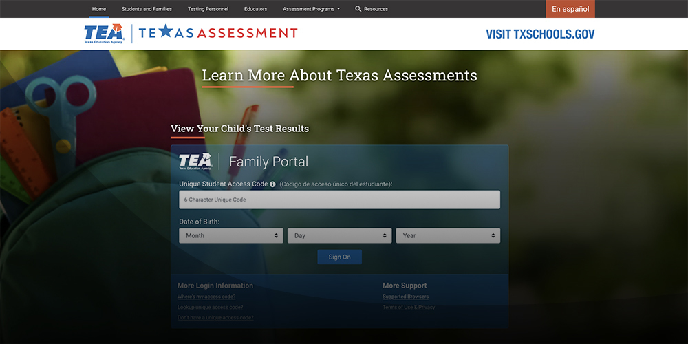 a screenshot of the Texas Assessment Family Portal login screen