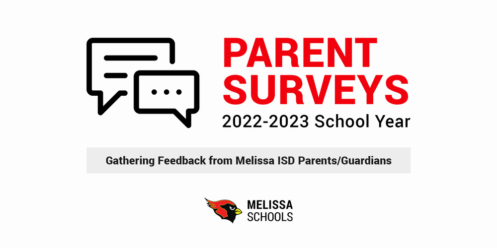 a decorative banner with the text: "Parent Surveys; 2022-2023 School Year; Gathering Feedback from Melissa ISD Parents/Guardians"