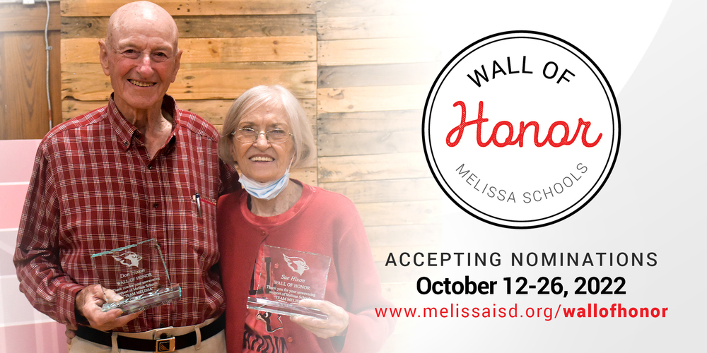 a banner with information about the Melissa ISD Wall of Honor nomination window and a photo of inductees, Don and Sue Hixon