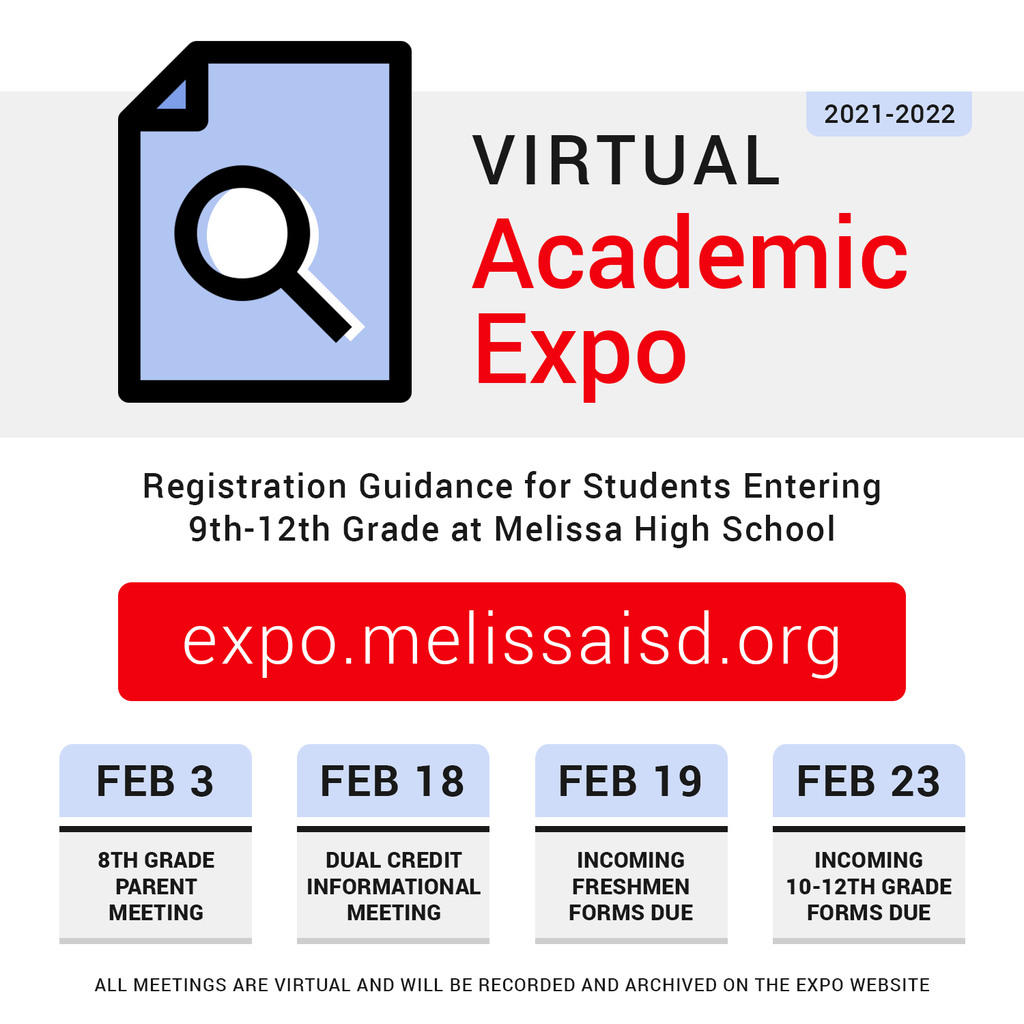a graphic advertising the Melissa High School Virtual Academic Expo for the 2021-2021 school year