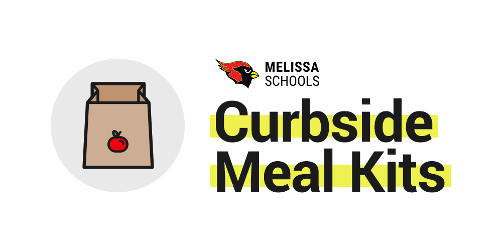 A graphic with a sack lunch image, the Melissa Schools logo, and the text 'Curbside Meal Kits'