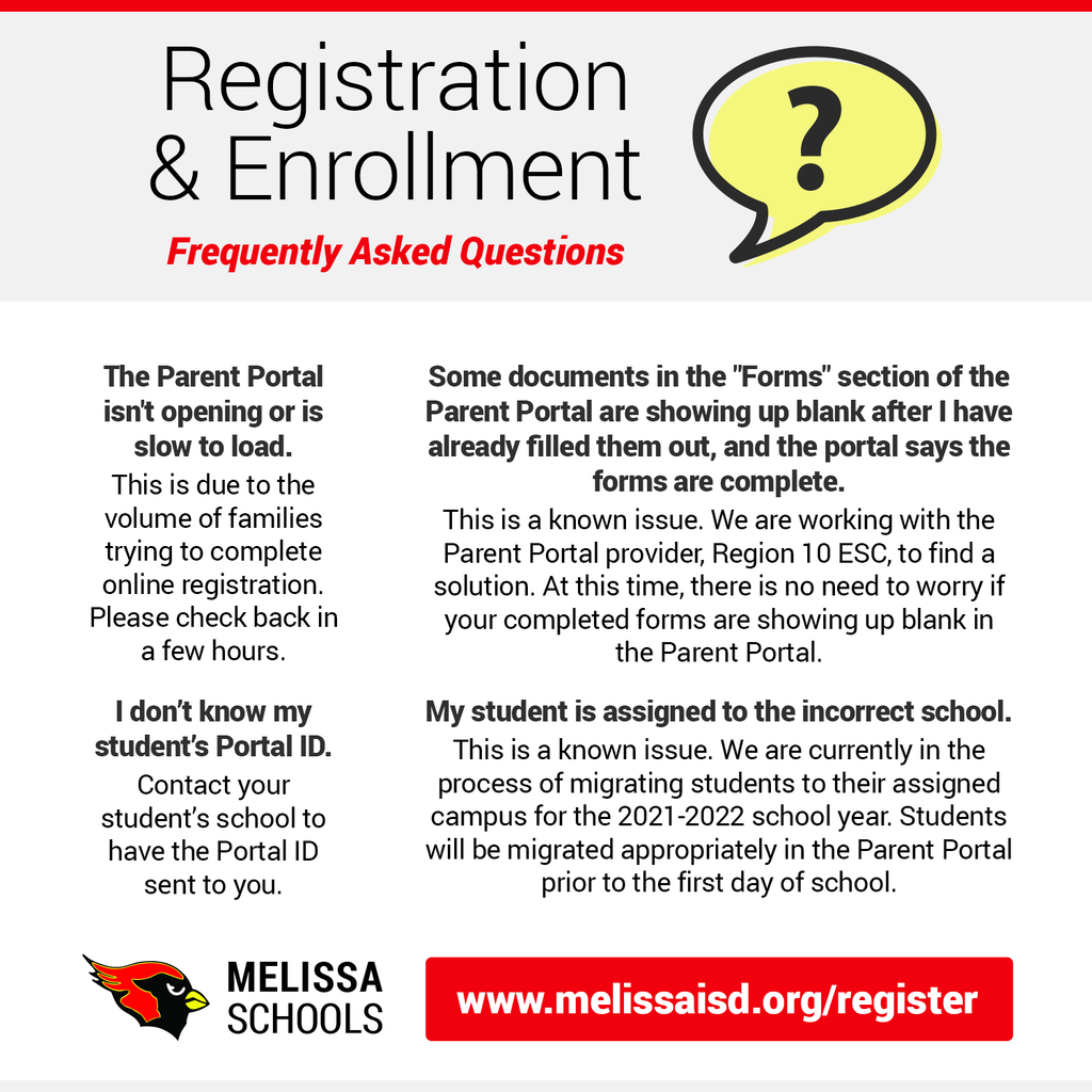 A graphic with a set of frequently asked questions and answers related to Melissa ISD enrollment and registration