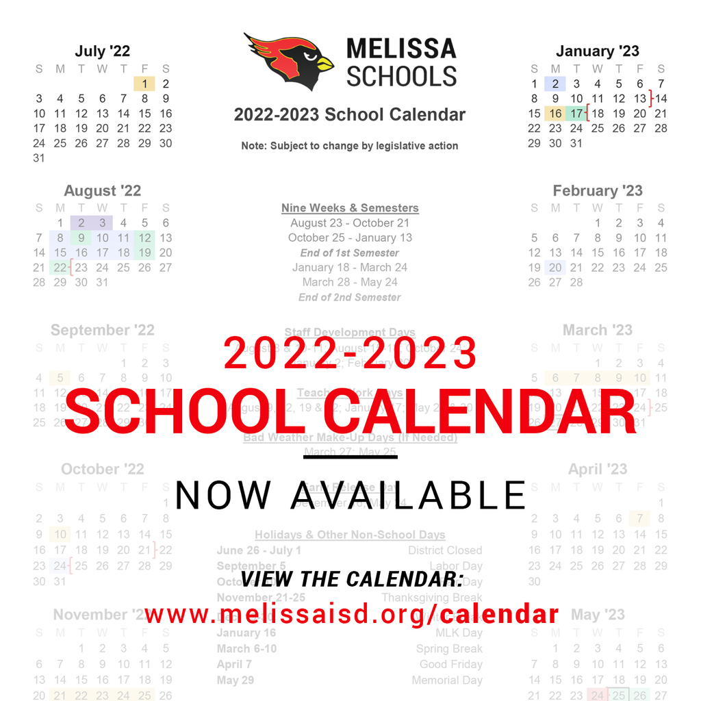 a decorative graphic with information about the 2022-2023 school calendar for Melissa ISD