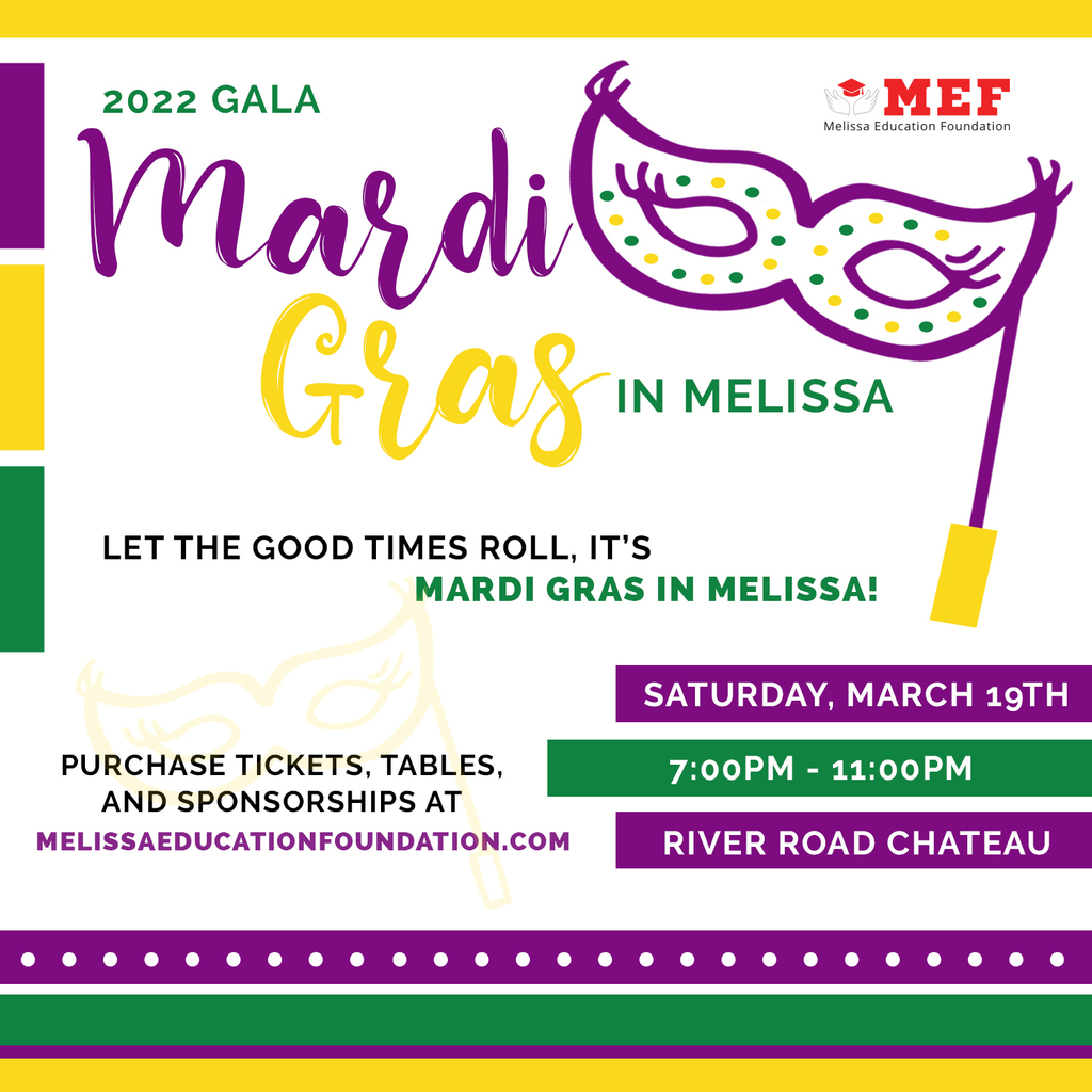 a graphic advertising the "Mardi Gras in Melissa" MEF gala