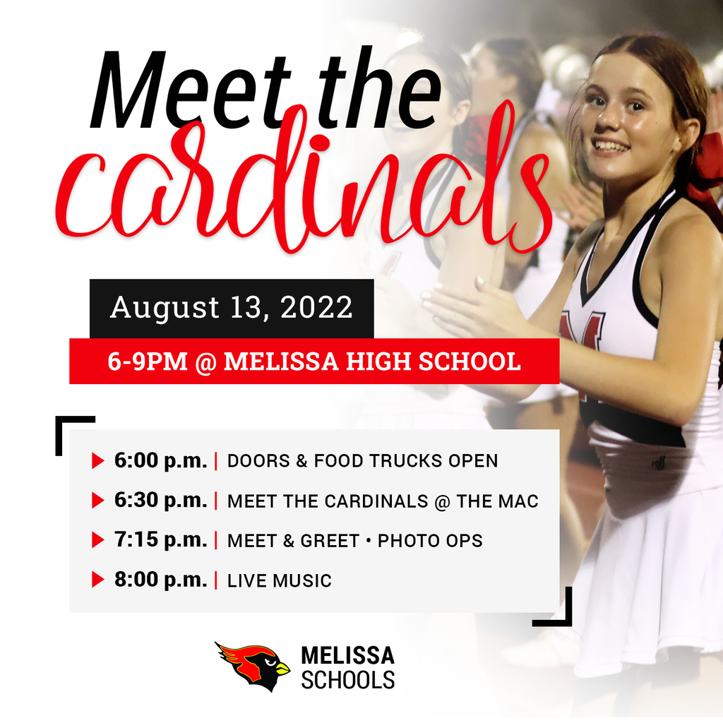a graphic advertising Meet the Cardinals at Melissa High School on Saturday, August 13, 2022