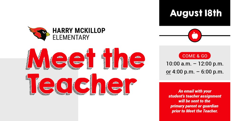a banner graphic advertising Meet the Teacher on August 18th at Harry McKillop Elementary
