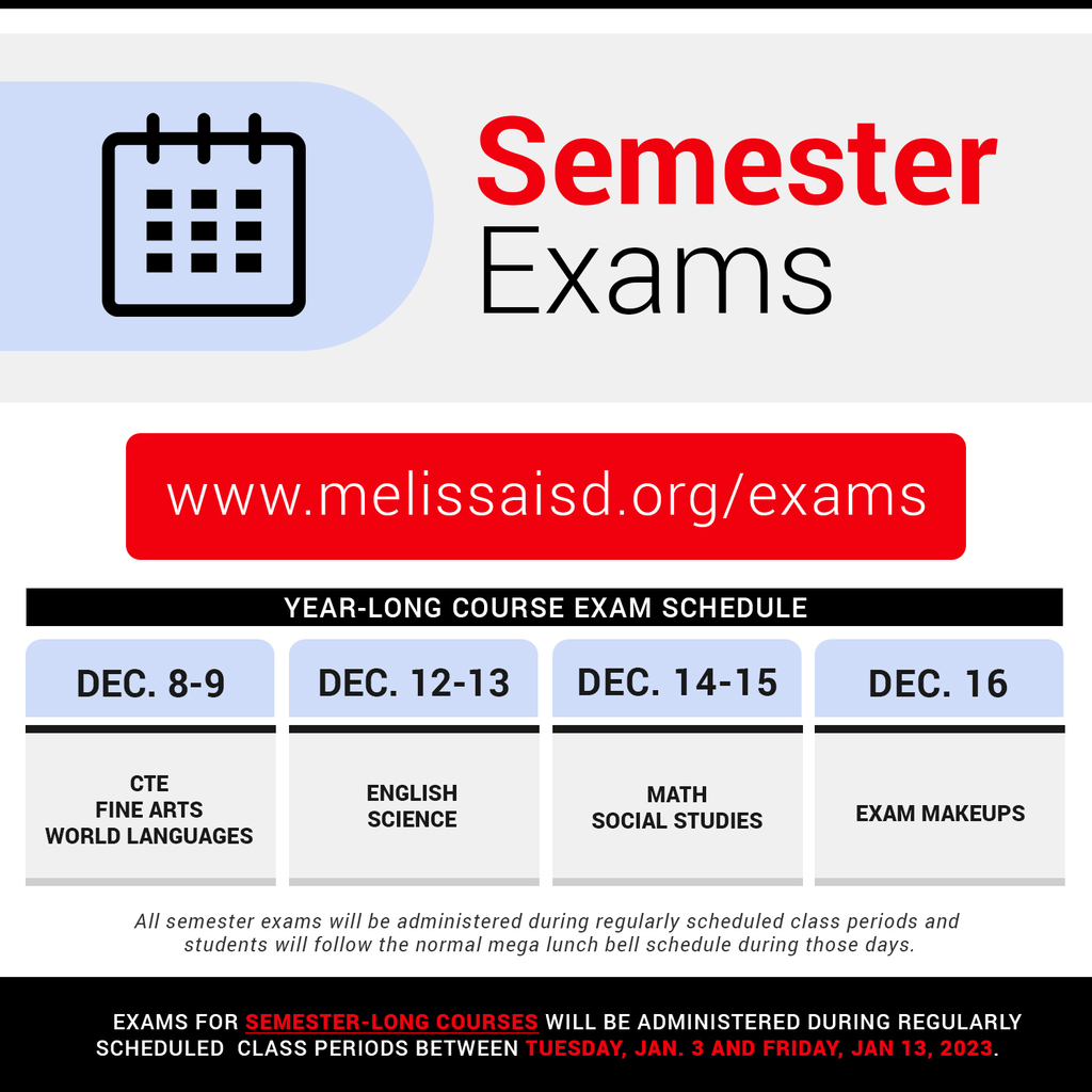 a graphic image showing the high school exam schedule for fall semester