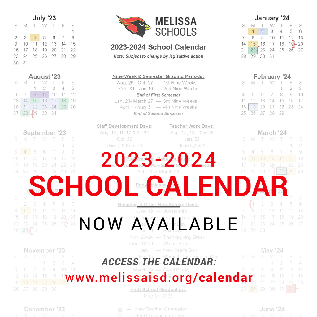 a decorative graphic advertising the Melissa ISD 2023-2024 academic calendar