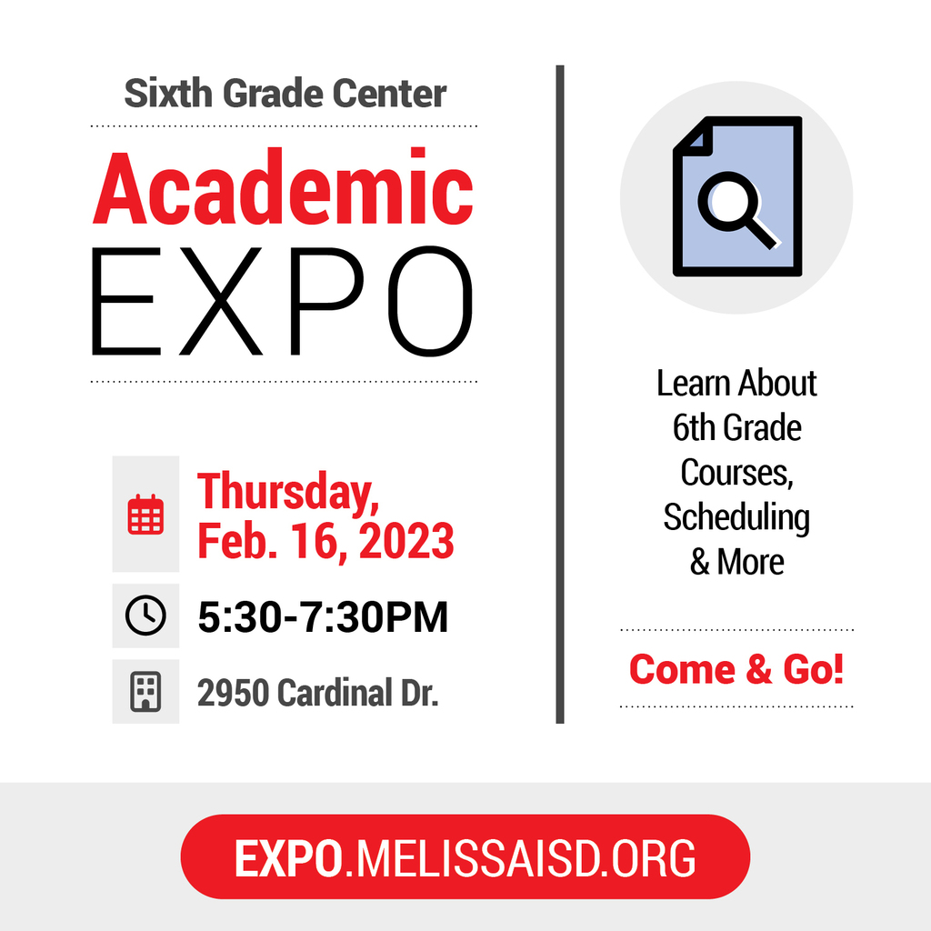 a graphic with event information for the Sixth Grade Center Academic Expo on Feb. 16, 2023